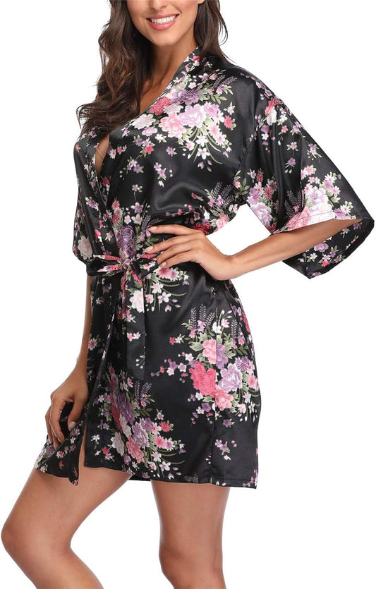 Black Satin Women Bathrobe