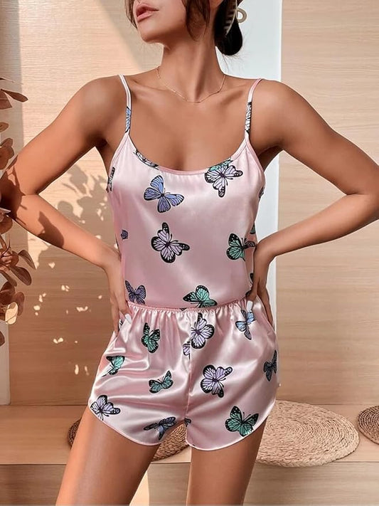 Pink Butterfly Satin Nightwear 2Pc Set