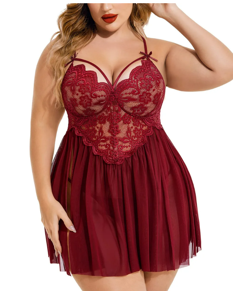 Glamour in Maroon Plus-Size Lingerie Set