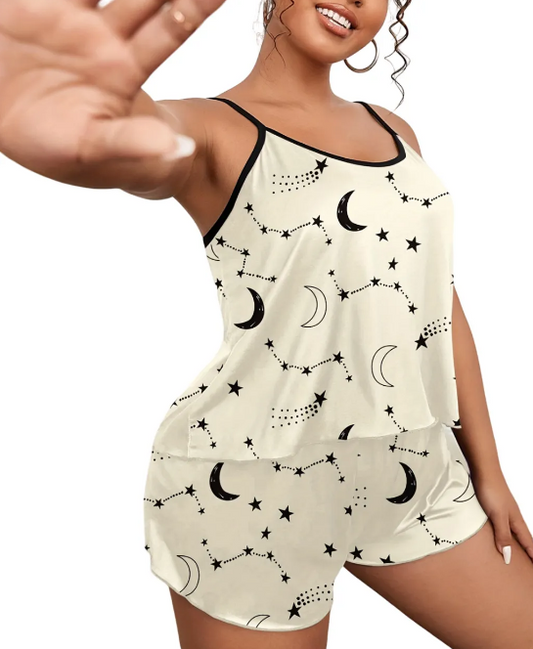 Satin Sleepwear Moon & Star Print Smooth Cami Top & Shorts 2Pcs Pajama Set For Women