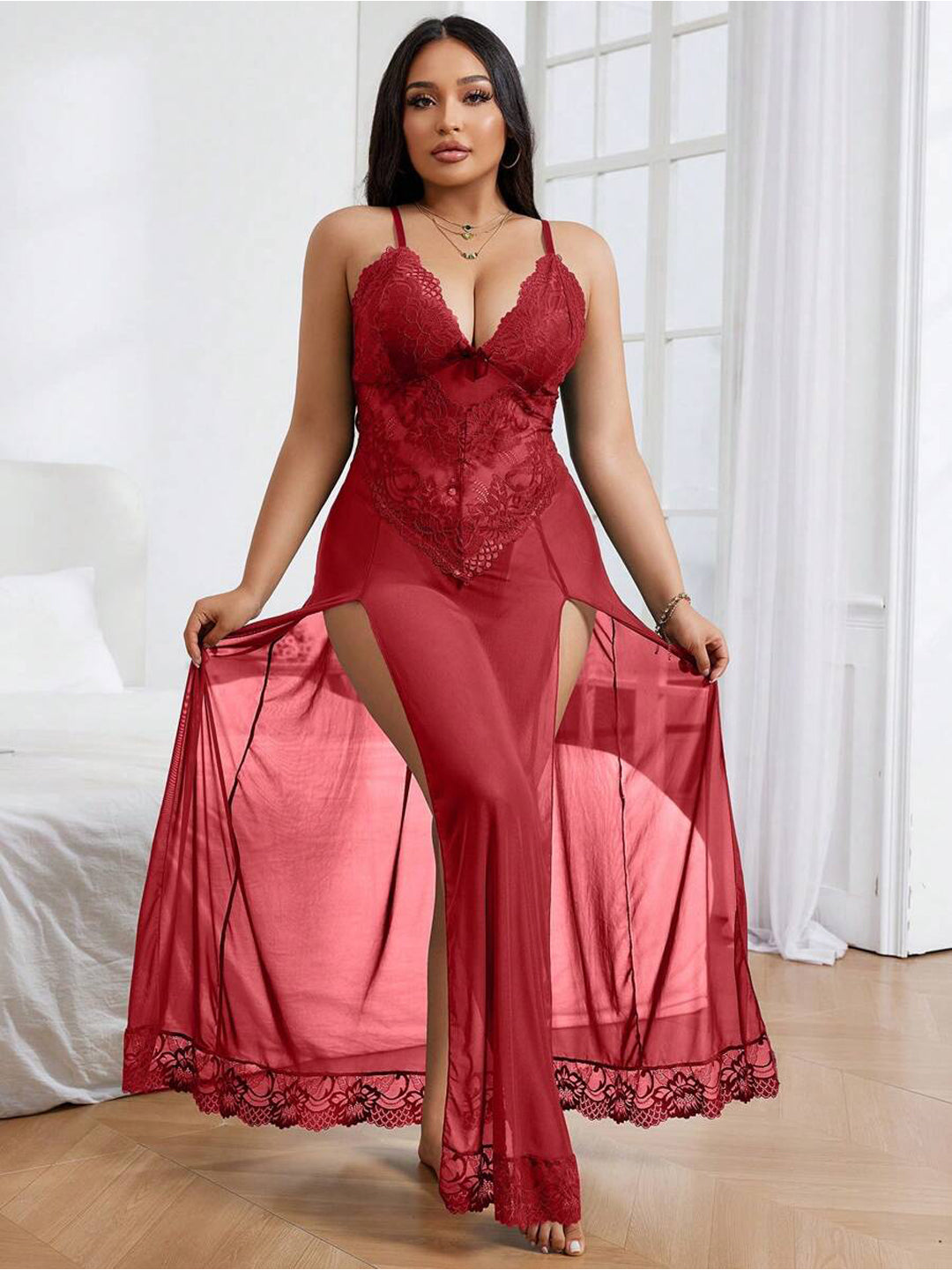 Maroon Long Mesh Lingerie