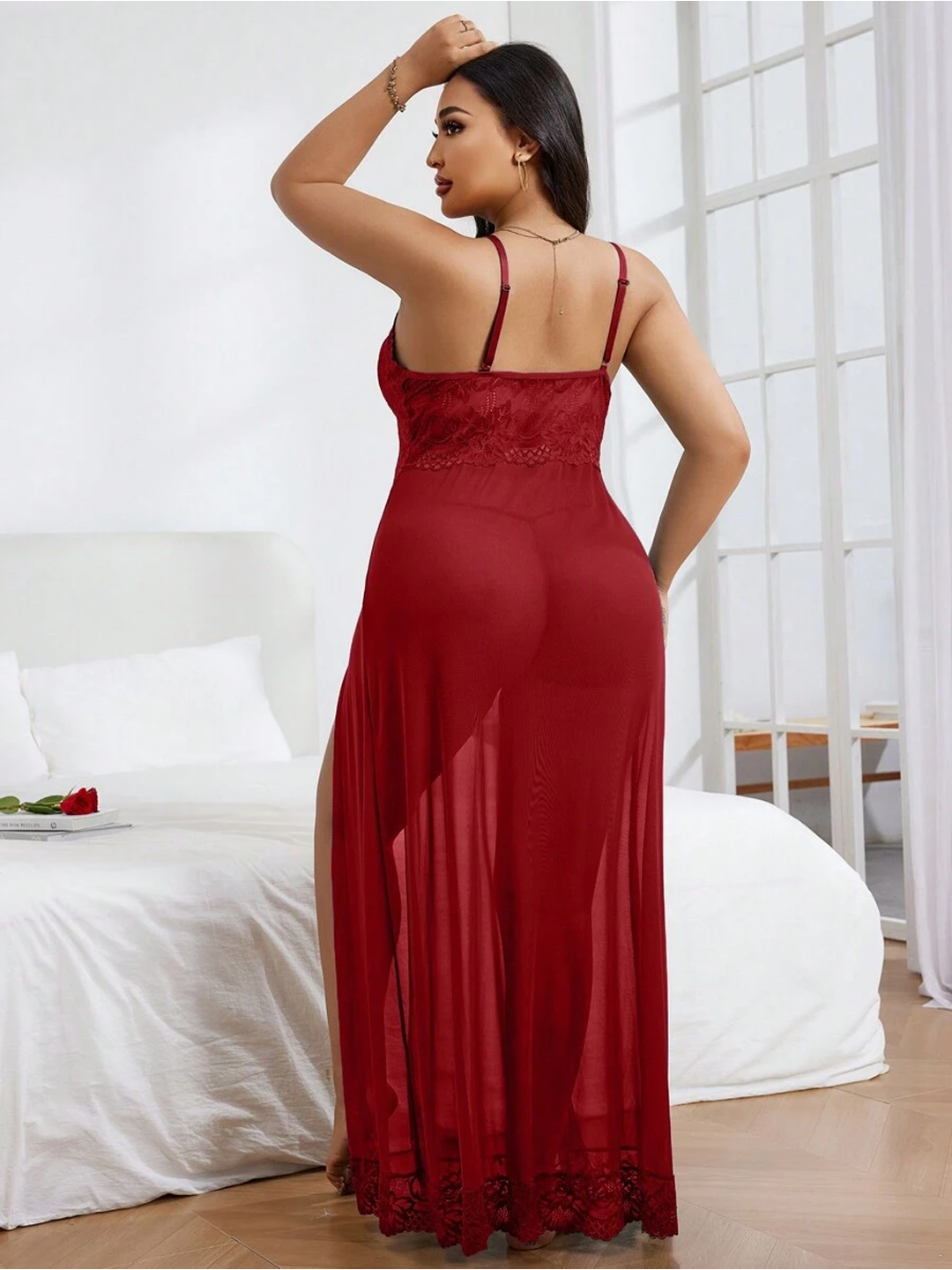 Maroon Long Mesh Lingerie