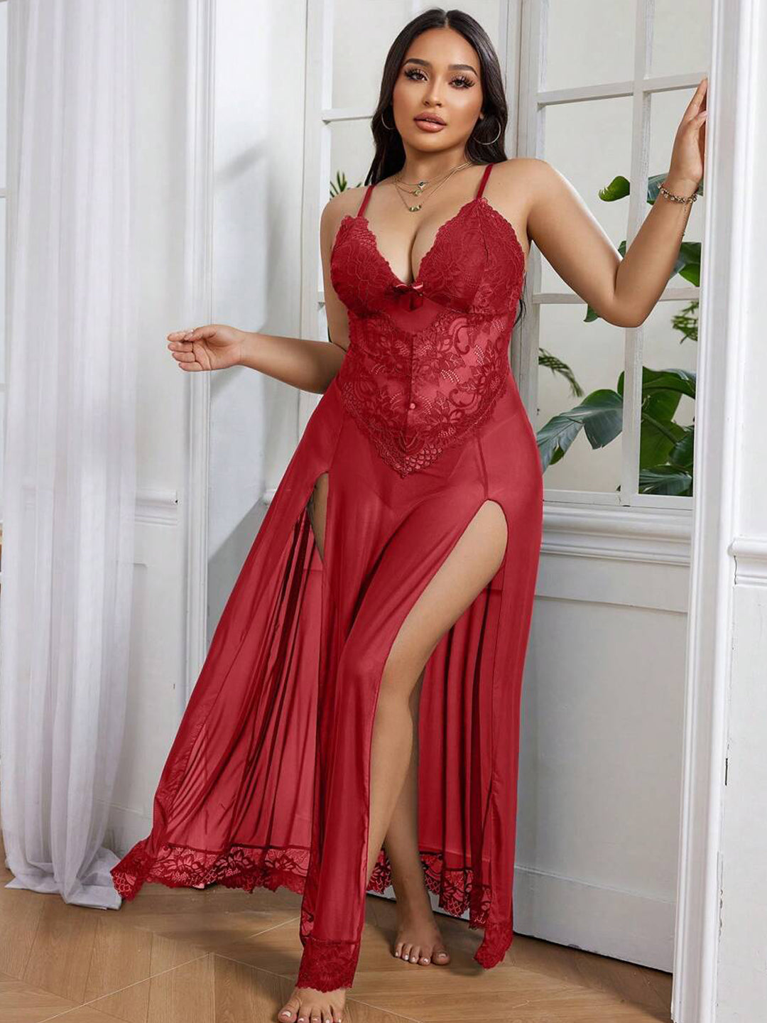 Maroon Long Mesh Lingerie