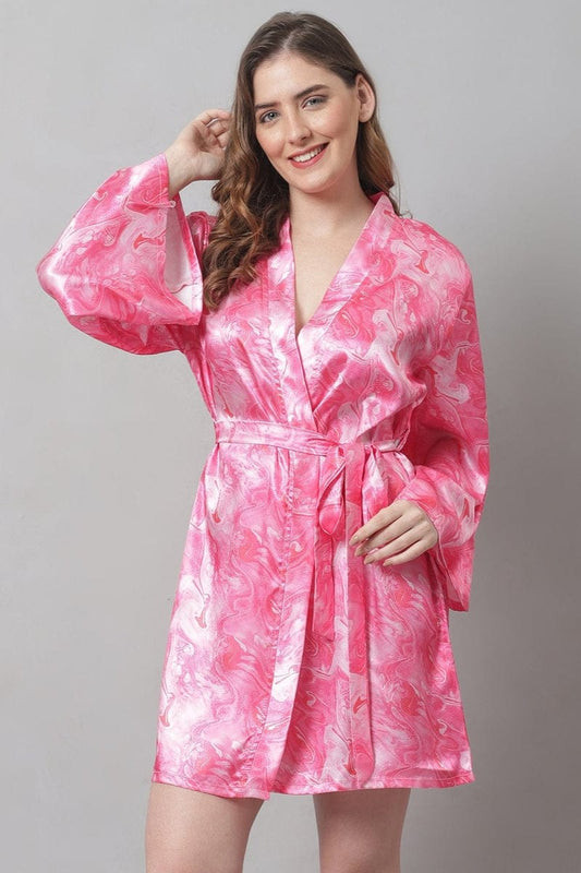 Pink Women Satin Fabric Bathrobe Full sleeves