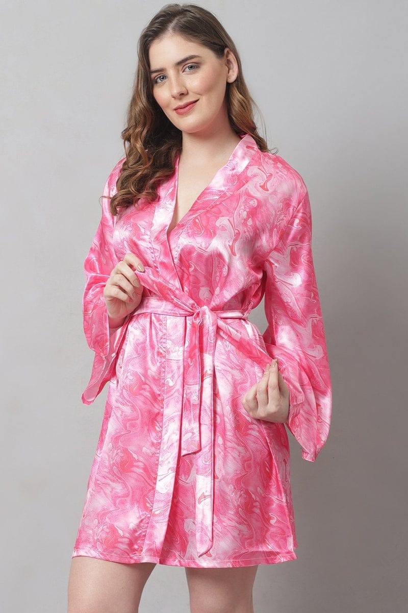 Pink Women Satin Fabric Bathrobe Full sleeves
