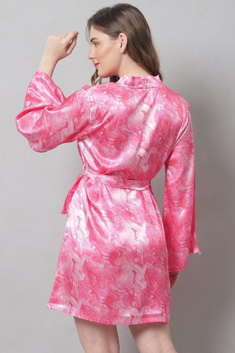 Pink Women Satin Fabric Bathrobe Full sleeves