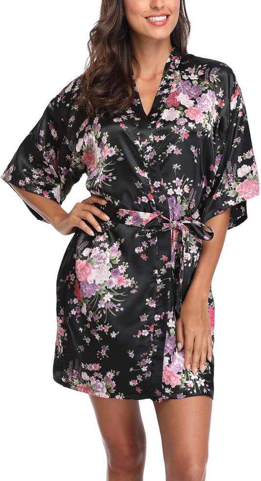 Black Satin Women Bathrobe