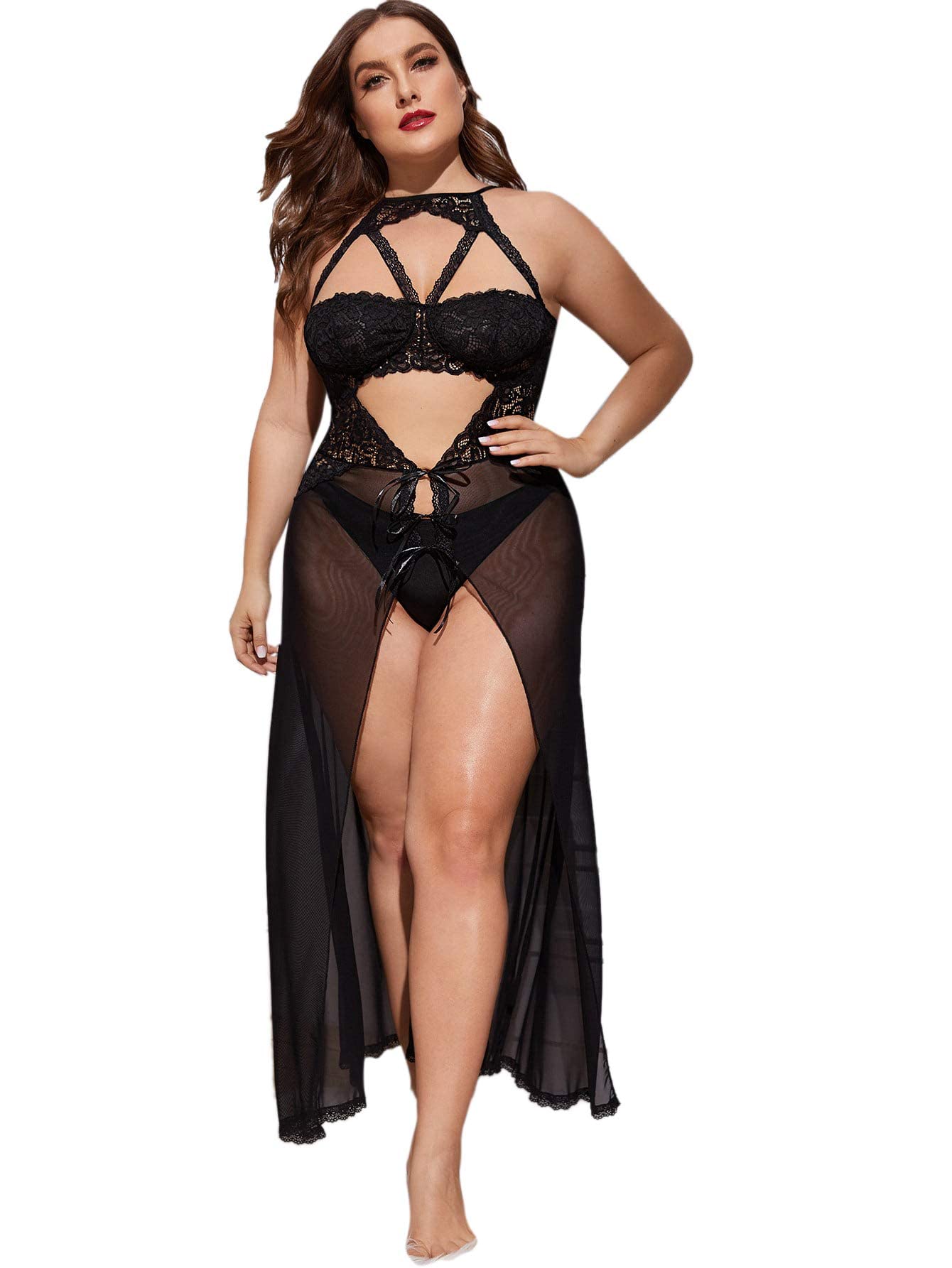 Plus Size Split Long Mesh Lingerie