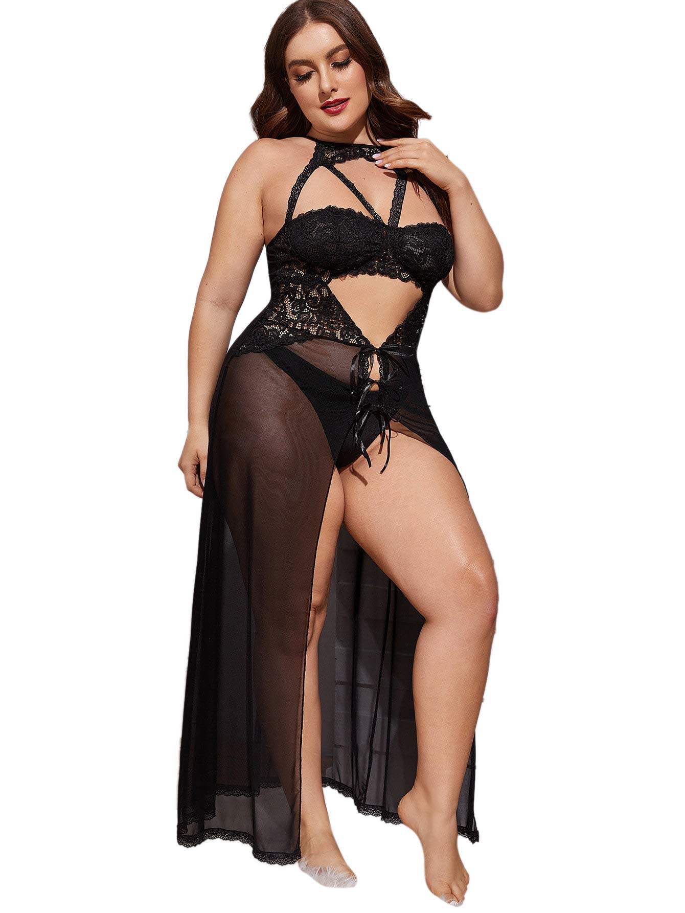 Plus Size Split Long Mesh Lingerie