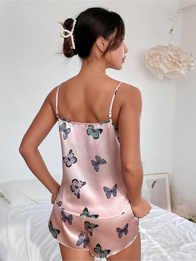 Pink Butterfly Satin Nightwear 2Pc Set
