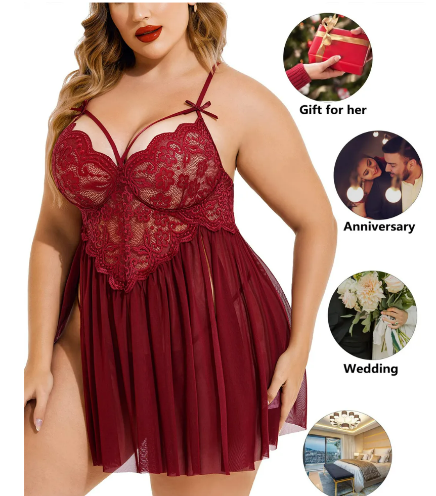 Glamorous maroon plus-size lingerie set for women – lace bralette and brief