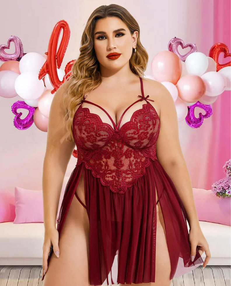 Glamour in Maroon Plus-Size Lingerie Set