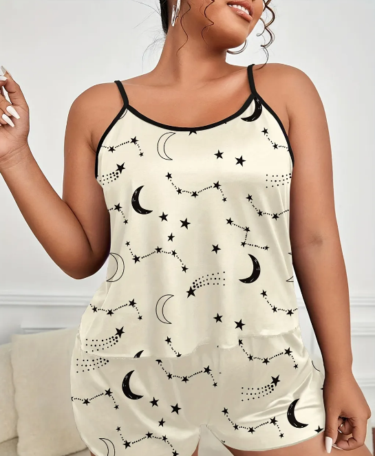 Satin Sleepwear Moon & Star Print Smooth Cami Top & Shorts 2Pcs Pajama Set For Women