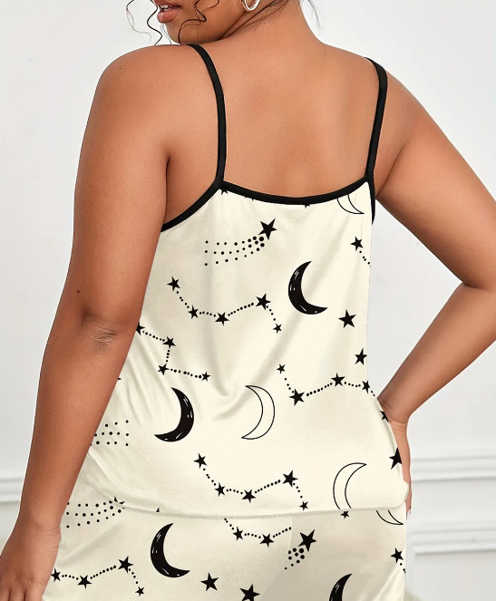 Satin Sleepwear Moon & Star Print Smooth Cami Top & Shorts 2Pcs Pajama Set For Women