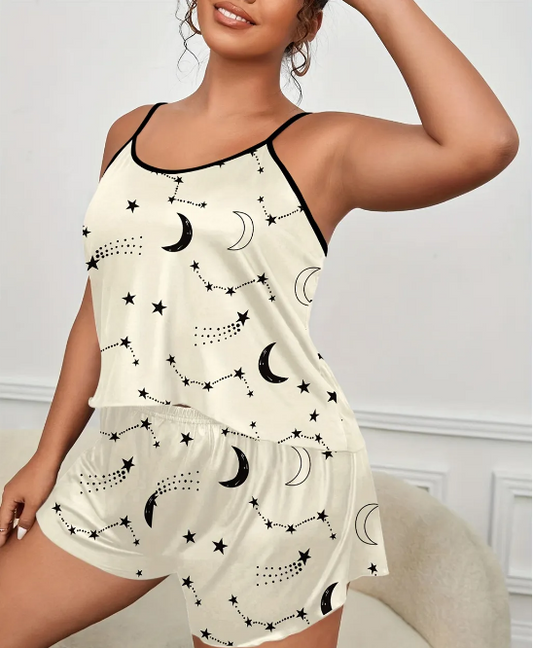 Satin Sleepwear Moon & Star Print Smooth Cami Top & Shorts 2Pcs Pajama Set For Women