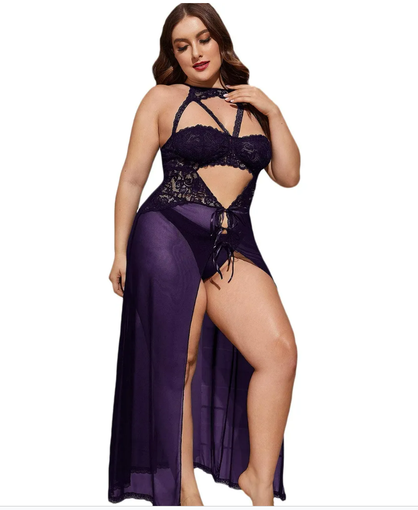 Plus Size Split Long Mesh Lingerie