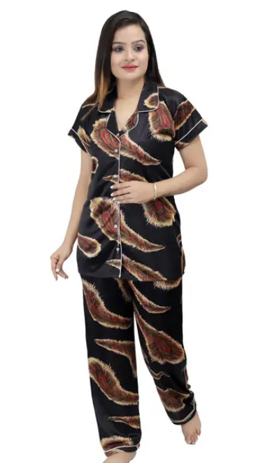Royal Peacock Print Satin Nightsuit