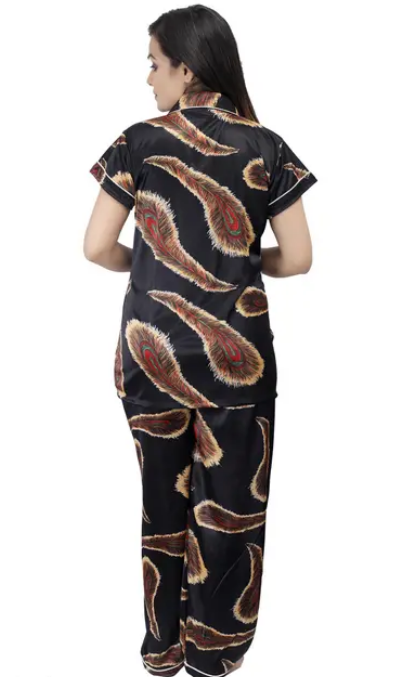 Royal Peacock Print Satin Nightsuit