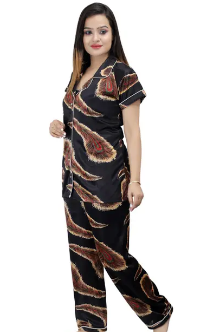 Royal Peacock Print Satin Nightsuit