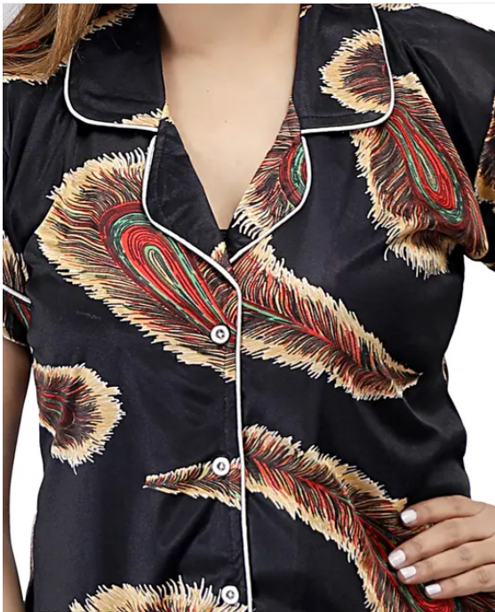 Royal Peacock Print Satin Nightsuit
