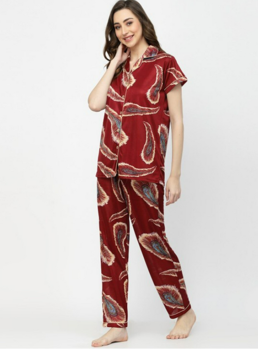 Royal Peacock Print Satin Nightsuit