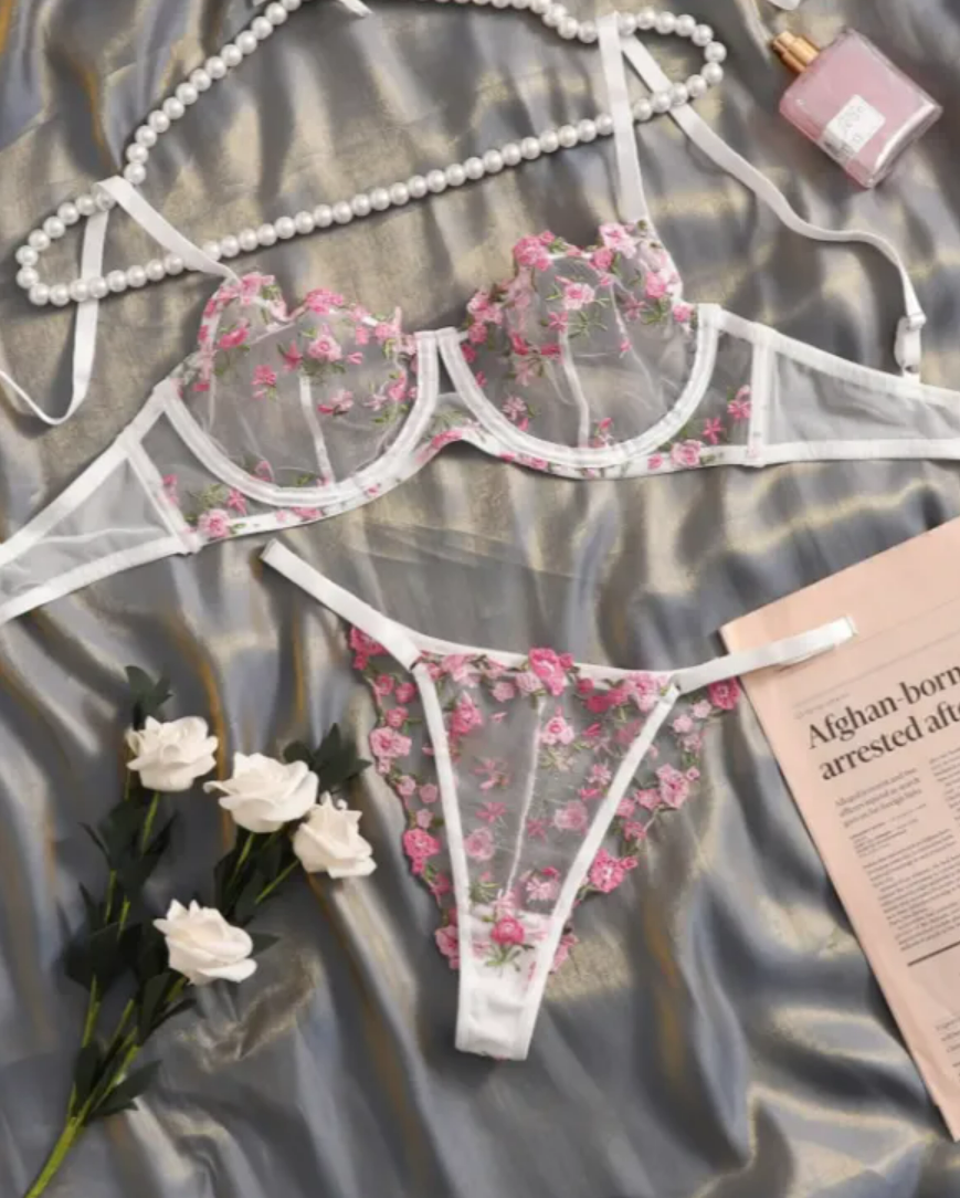 Pink Embroidery Lingerie Set
