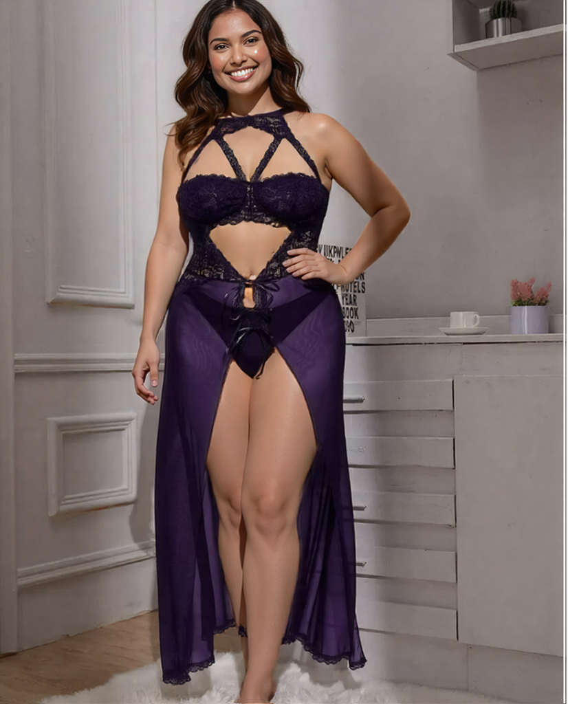 Plus Size Split Long Mesh Lingerie