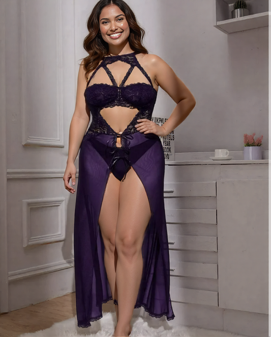 Plus Size Split Long Mesh Lingerie