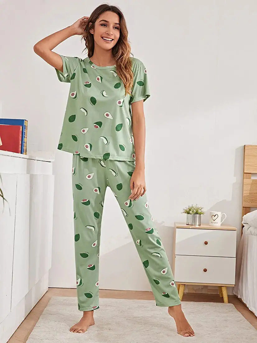 Green Print Soft Night Suit Set
