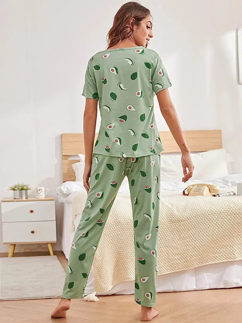Green Print Soft Night Suit Set