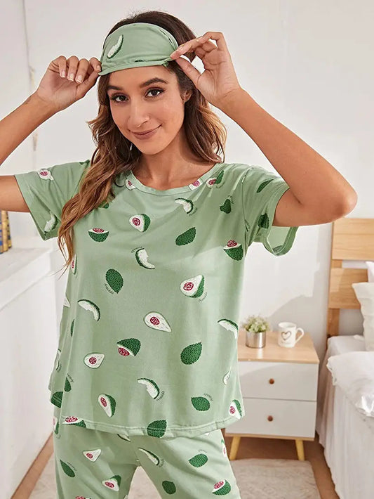 Green Print Soft Night Suit Set